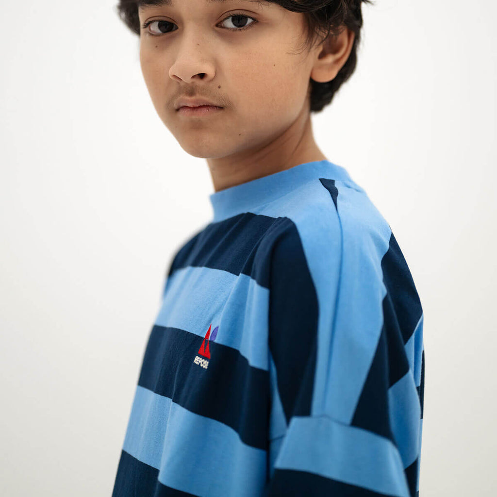T-shirt à manches longues en coton biologique à rayures larges avec épaules tombantes pour enfants de 2 à 14 ans