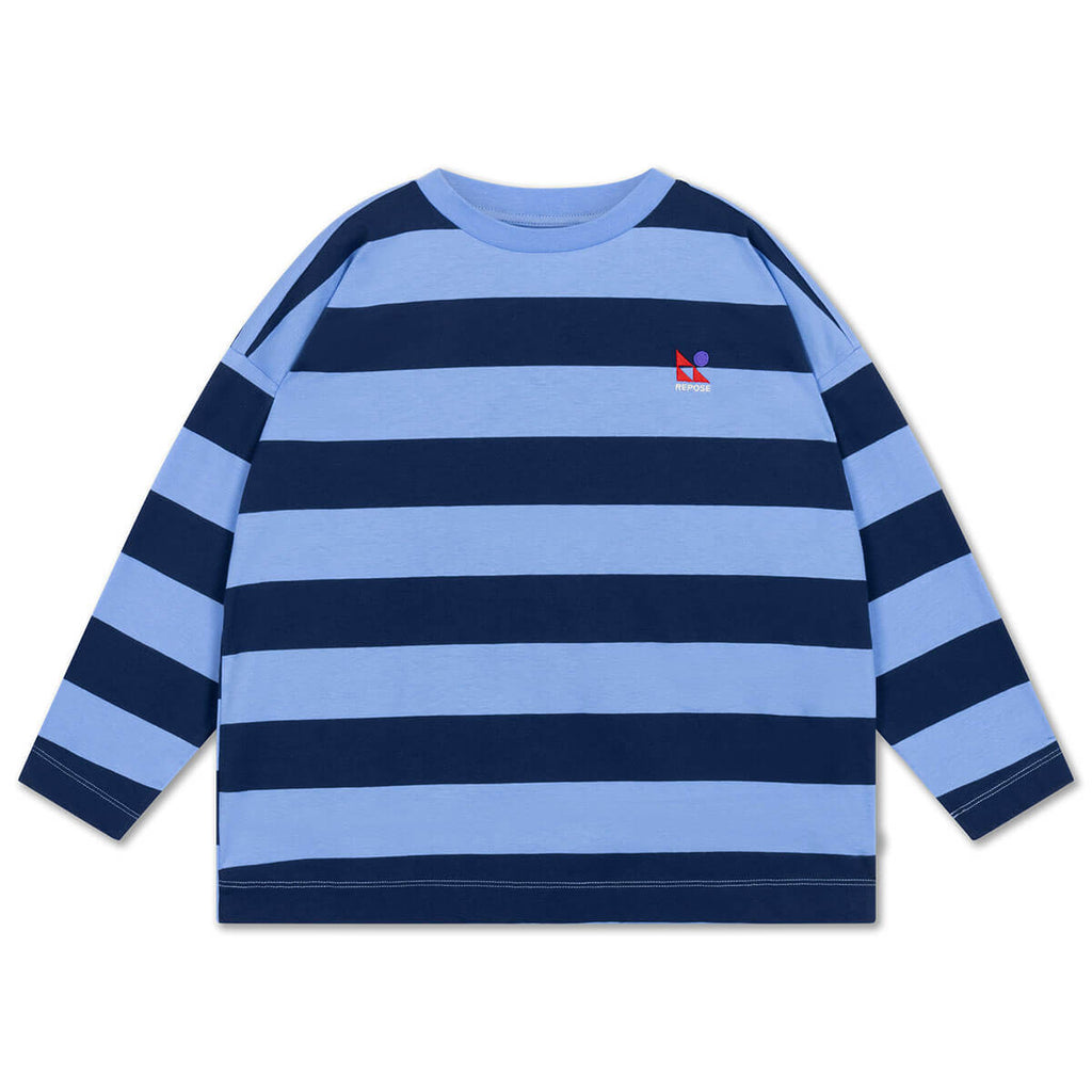 T-shirt à manches longues en coton biologique à rayures larges avec épaules tombantes pour enfants de 2 à 14 ans