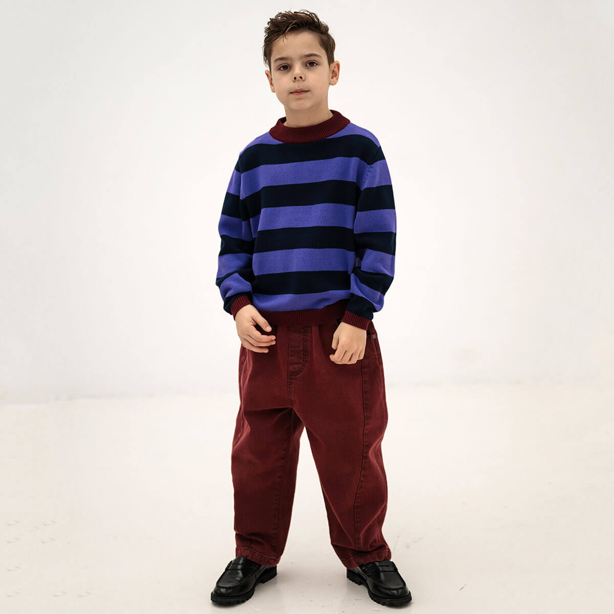 Pantalon large décontracté en denim de coton bio Prune cendré avec taille élastique pour enfants 2–14 ans