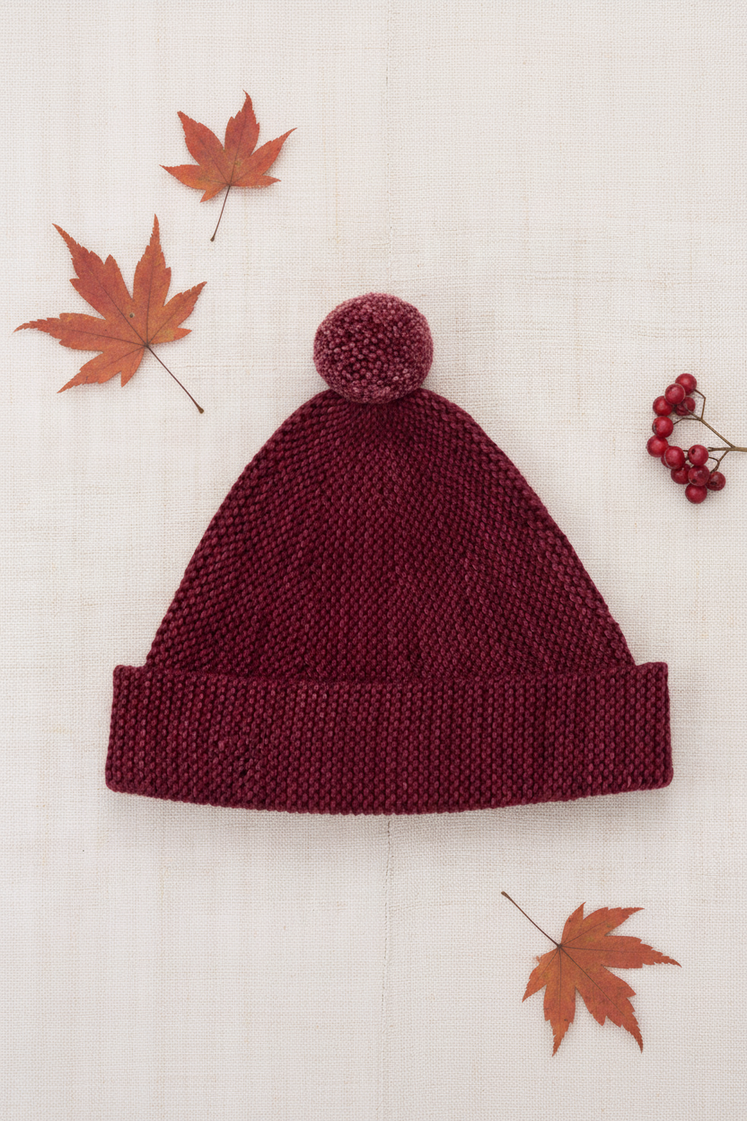 Flat lay knit pom-pom hat on linen background