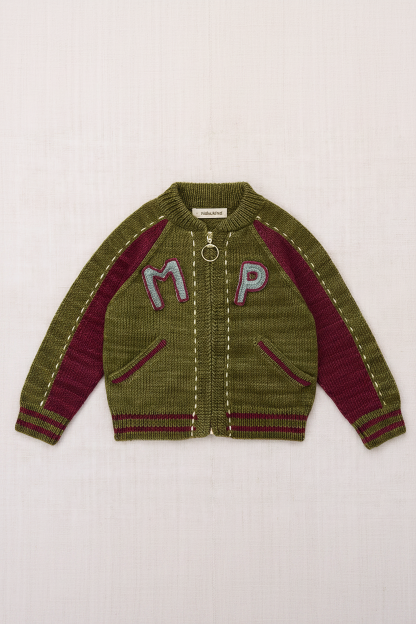 Flat lay knit varsity jacket on linen background